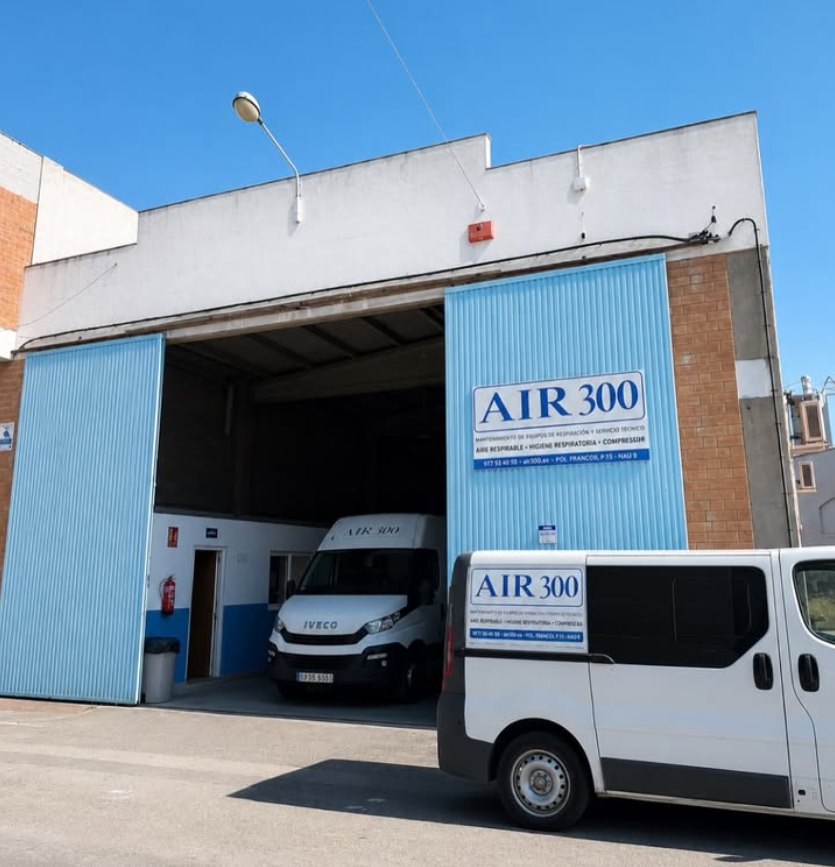 Fachada de la nave de AIR300 en el Polígono Industrial Francolí, con las furgonetas de la empresa