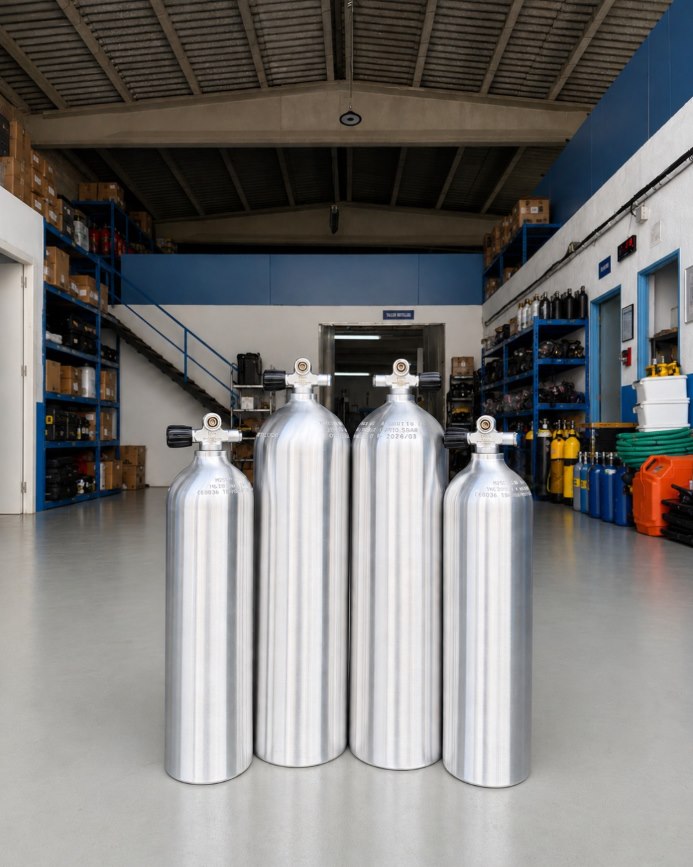 Botellas de buceo en el taller